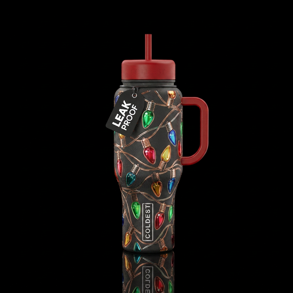Metallic etched vintage christmas tree lights water bottle design