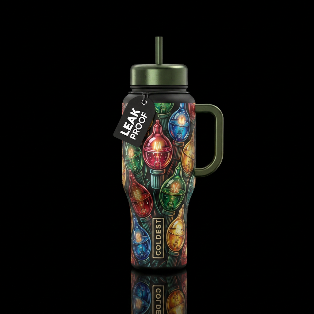 Metallic etched vintage christmas tree bubble ligh... water bottle design
