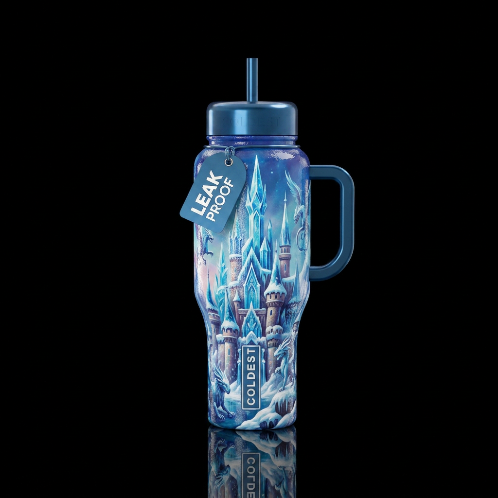 fantastical castle of a winter kingdom glossy text... water bottle design