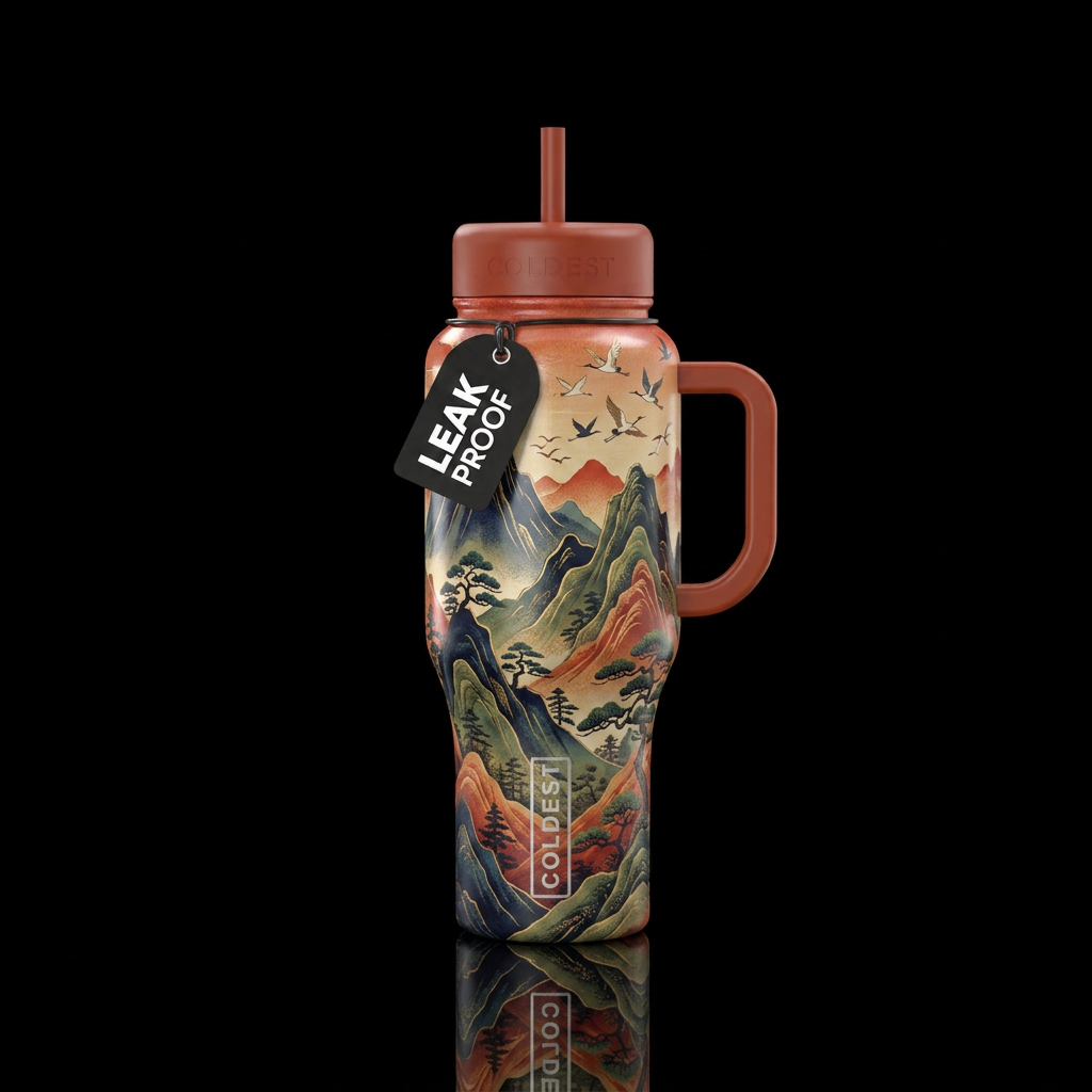 Japanese  yama design representing burds flying ov... water bottle design