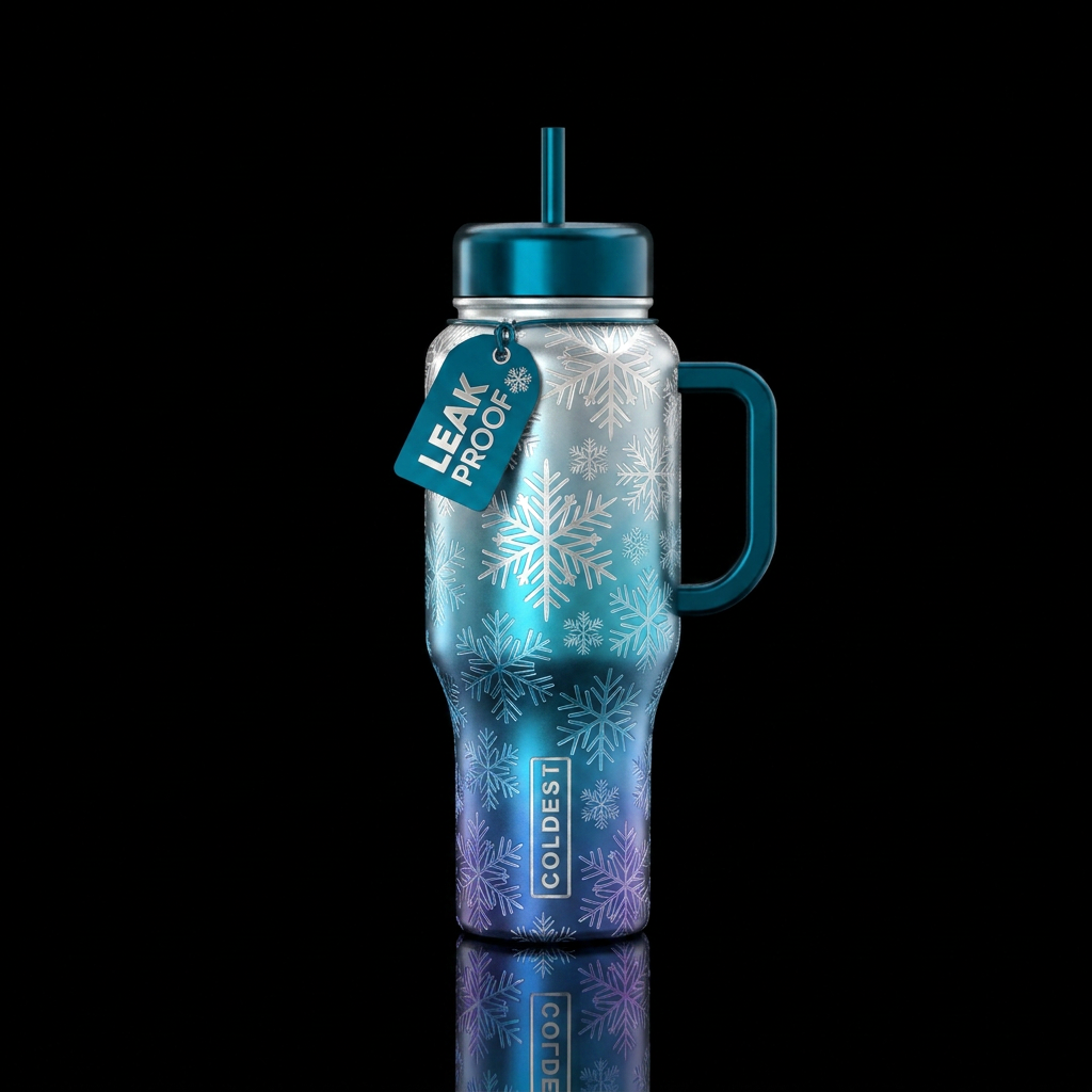 Metallic etched winter toned ombre snowflakes water bottle design