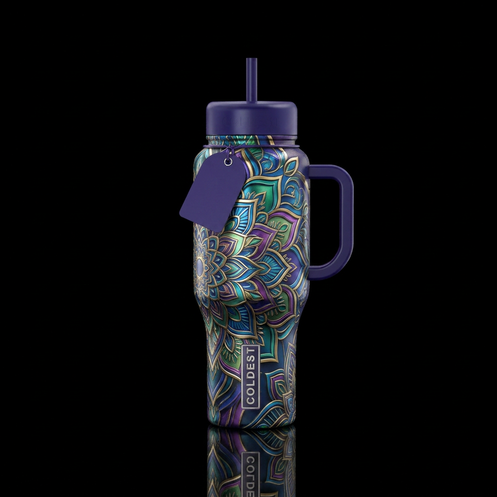 deconstructed mandala in metallic and jewel tones water bottle design
