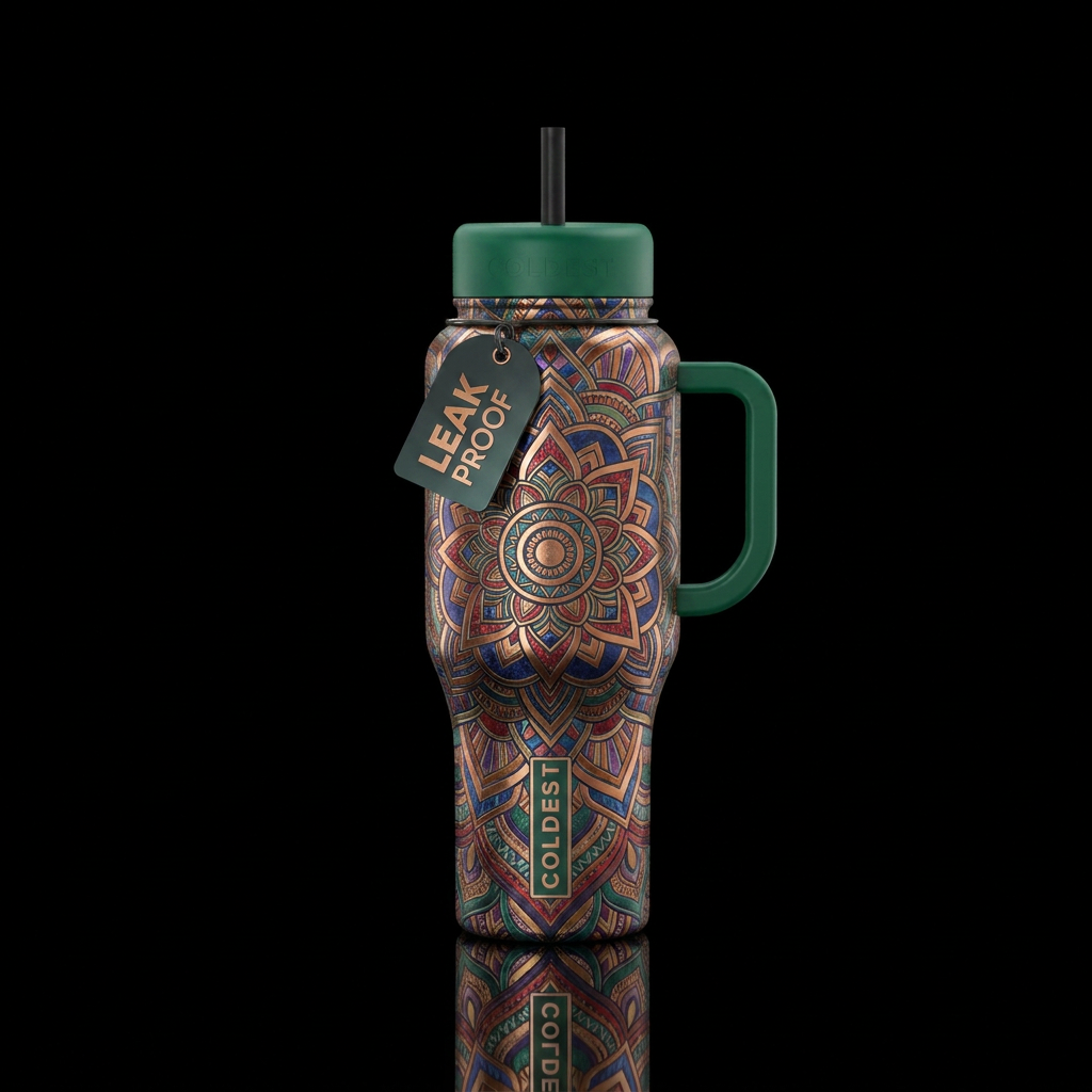 deconstructed modern mandala in metallic and jewel... water bottle design