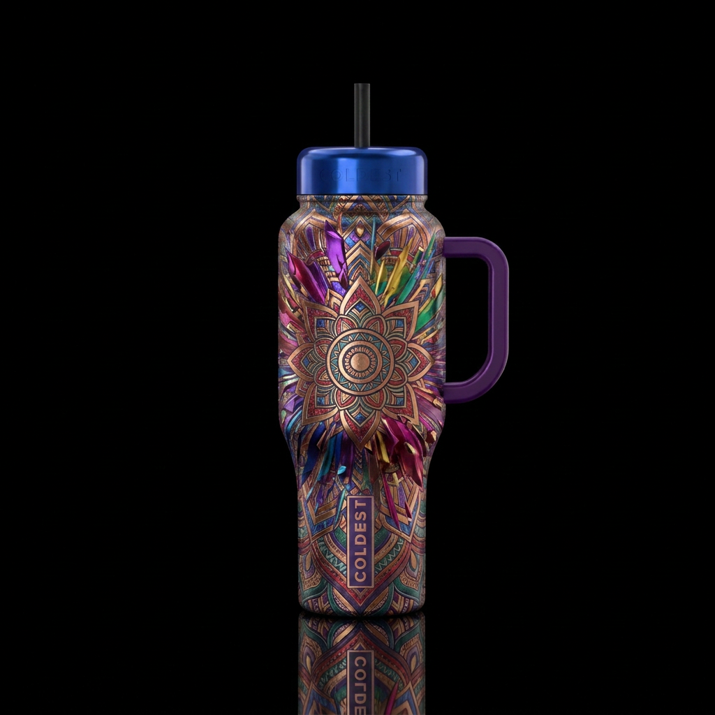 exploding modern mandala in metallic and jewel ton... water bottle design