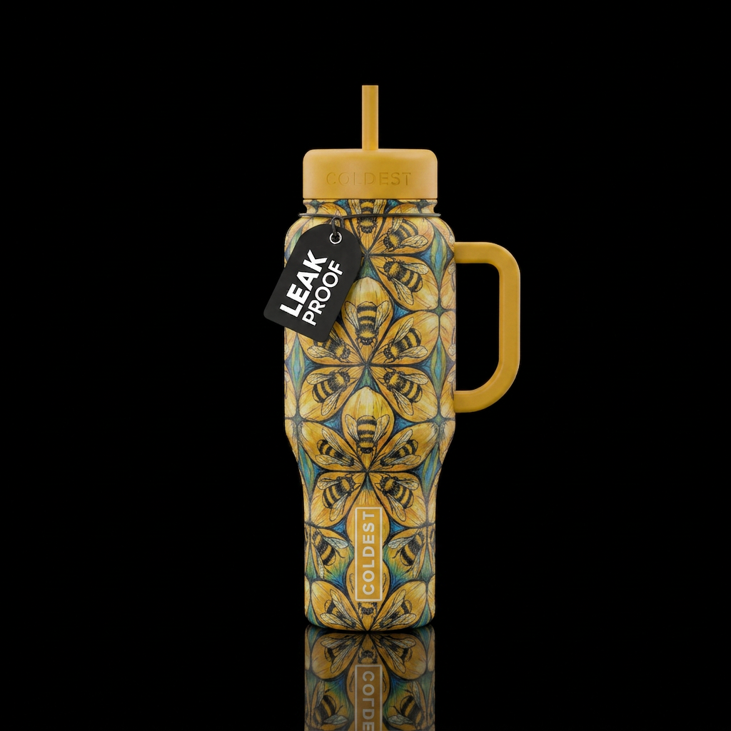 hand drawn bumble bees arranged like tiles to make... water bottle design