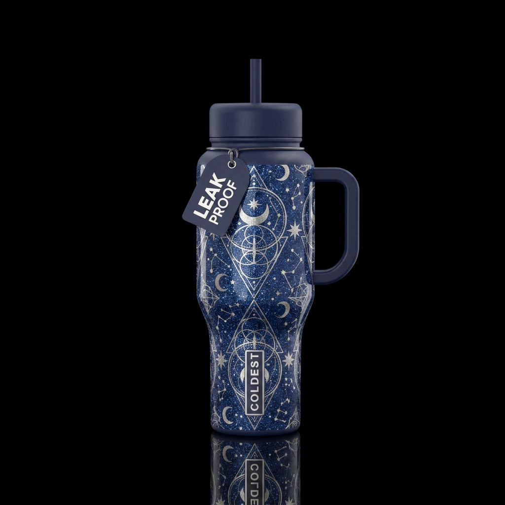geometric astral repeating design in glitter midni... water bottle design