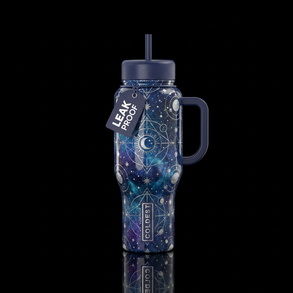 geometric astral repeating design in glitter midni... water bottle design