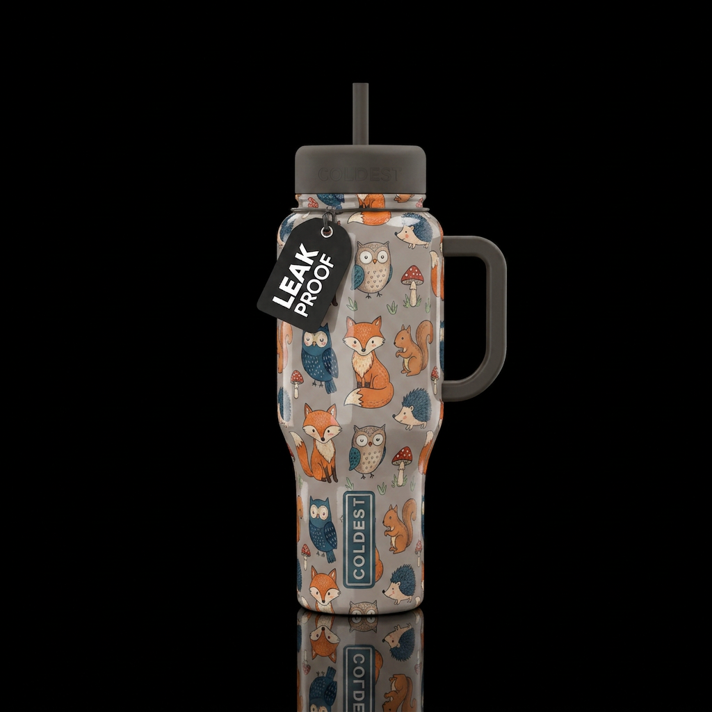 cute hand drawn woodland creatures in a repeating ... water bottle design