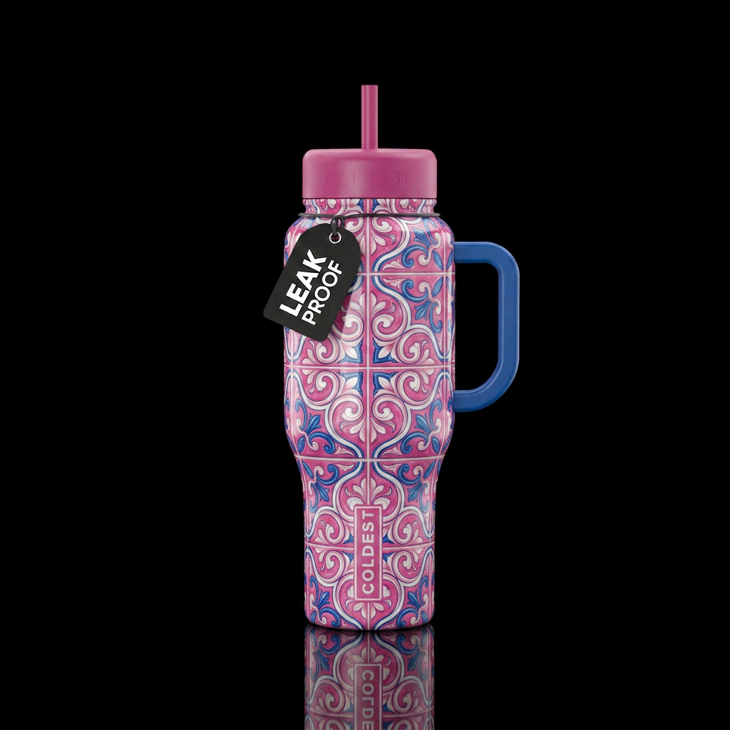 Pink white blue arabesque glossy tiles water bottle design