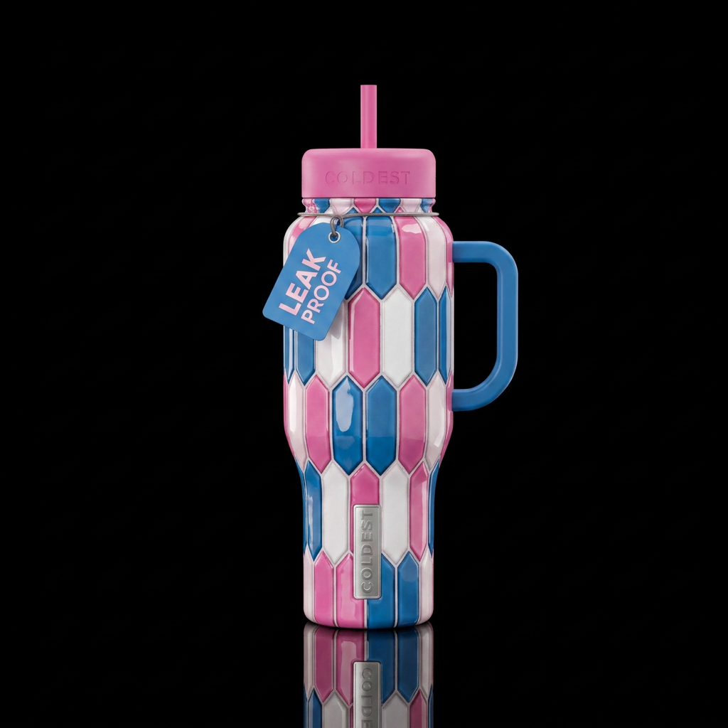 Pink white blue picket style glossy tiles water bottle design