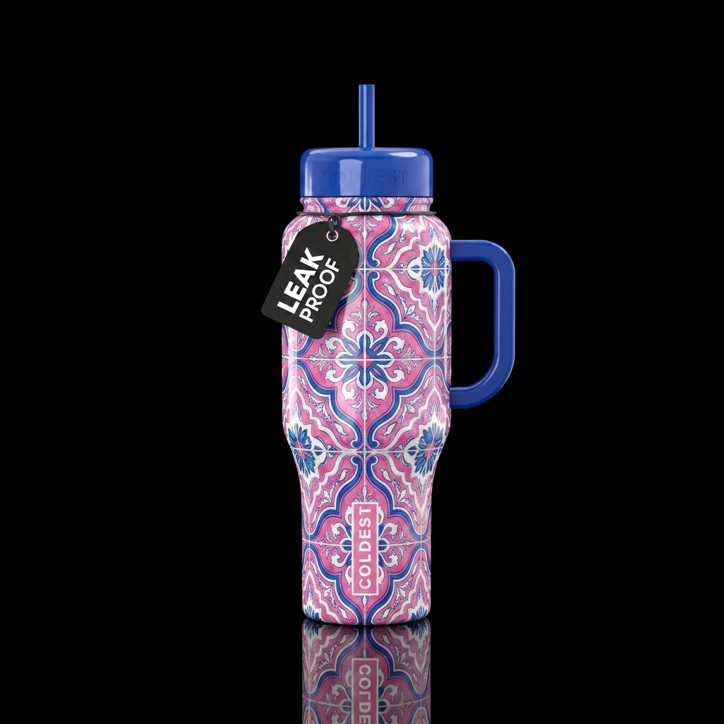Pink white blue moorish tile pattern glossy water bottle design
