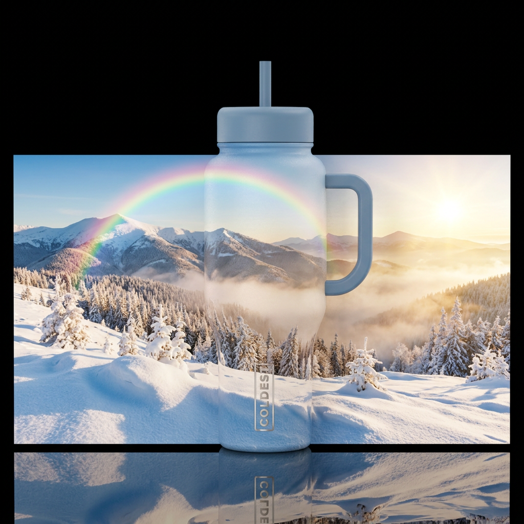 Snowy landscape sun fog with rainbow water bottle design