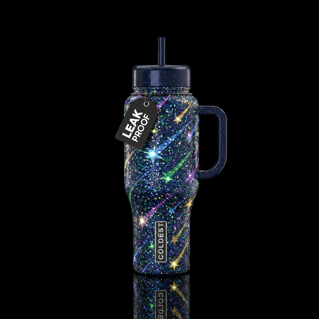 Sparkly glitter shooting stars glossy water bottle design