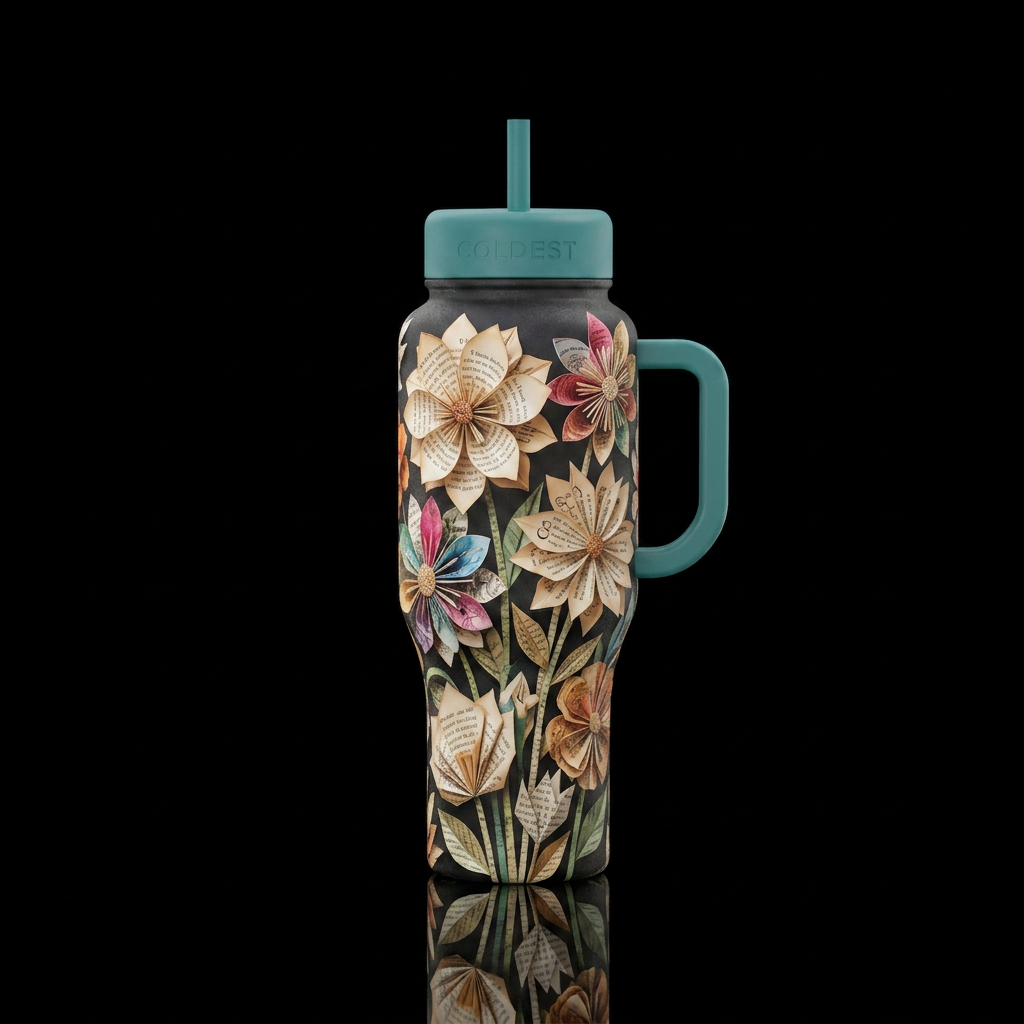 Wild flowers made of fairytale pages paper craft water bottle design
