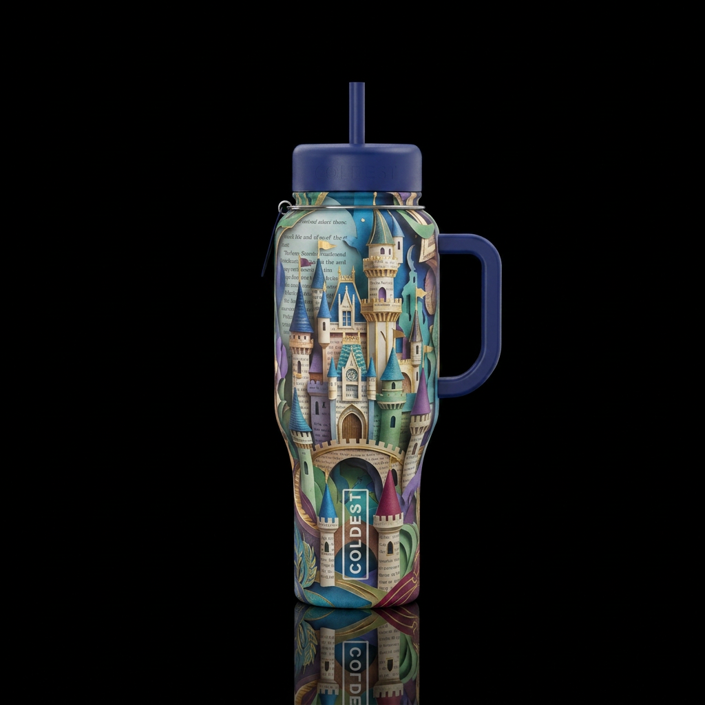 Castle fantasy scenemade of fairytale pages paper ... water bottle design