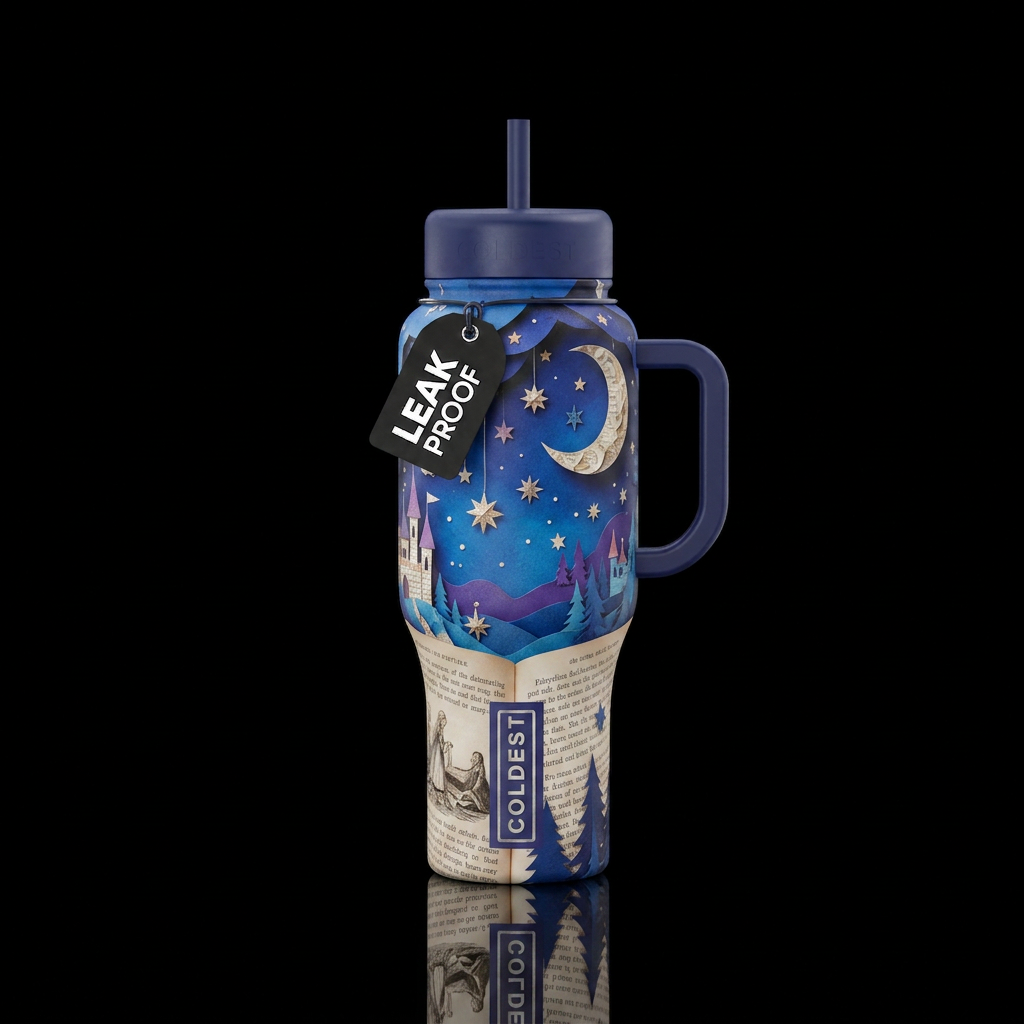 Night sky made of fairytale pages paper craft water bottle design