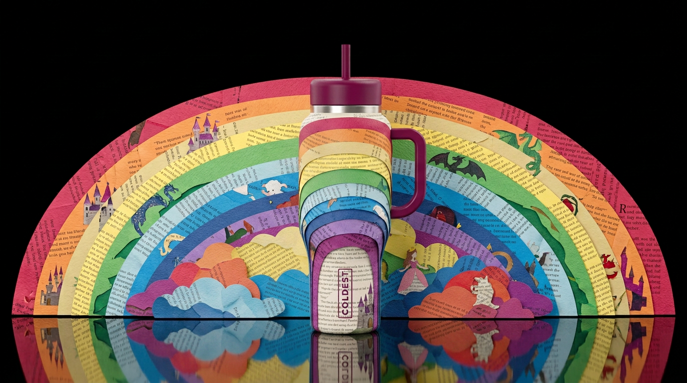 Rainbow and clouds made of fairytale pages paper c... water bottle design