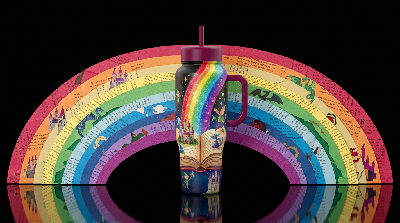 Rainbow popping up from a fairytale book water bottle design