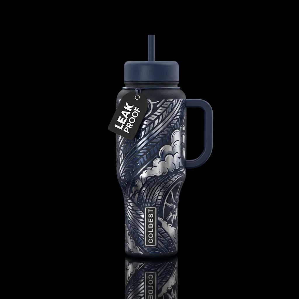 Navy and chrome metallic etched tire treads and ou... water bottle design