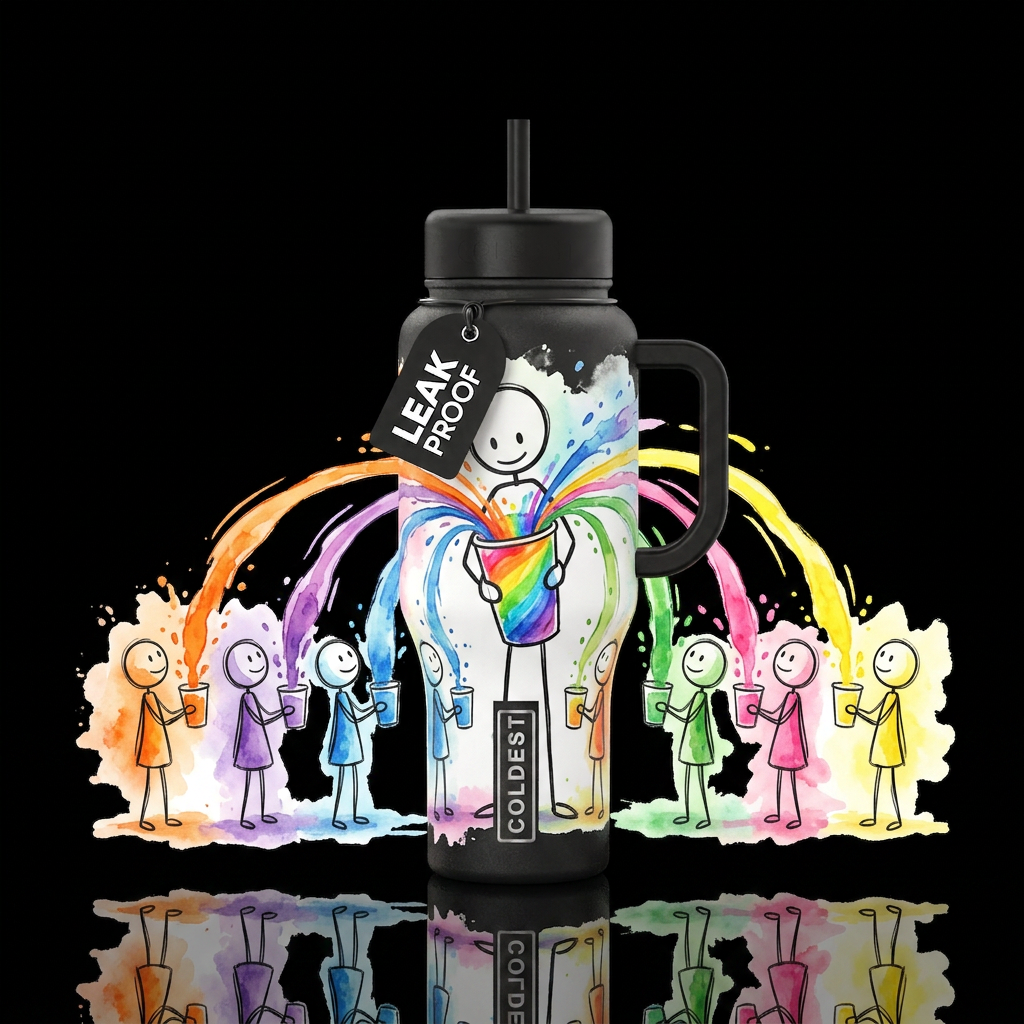 In the center a stick figure holds a cup overflowi... water bottle design