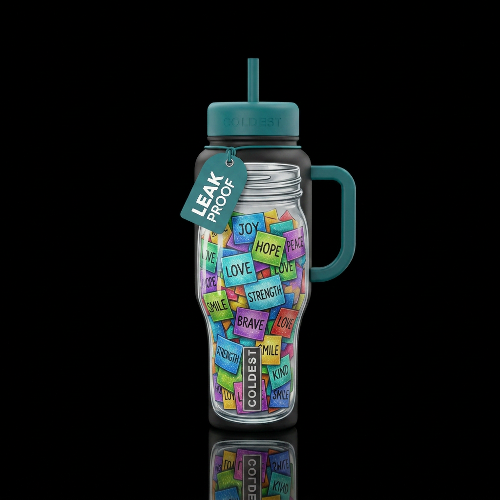 a glass jar full of colorful encouraging notes wit... water bottle design