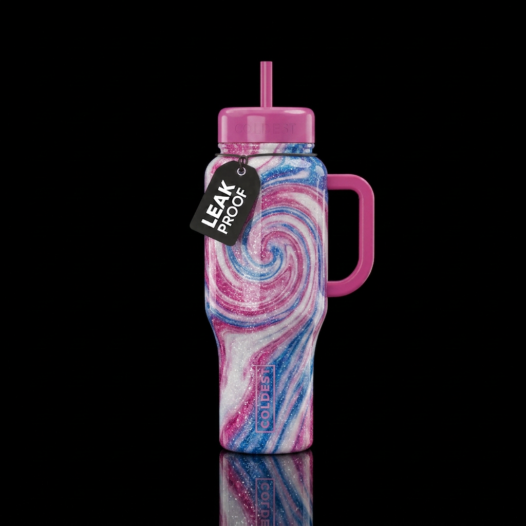 Pink white blue glossy glitter marble spiral water bottle design