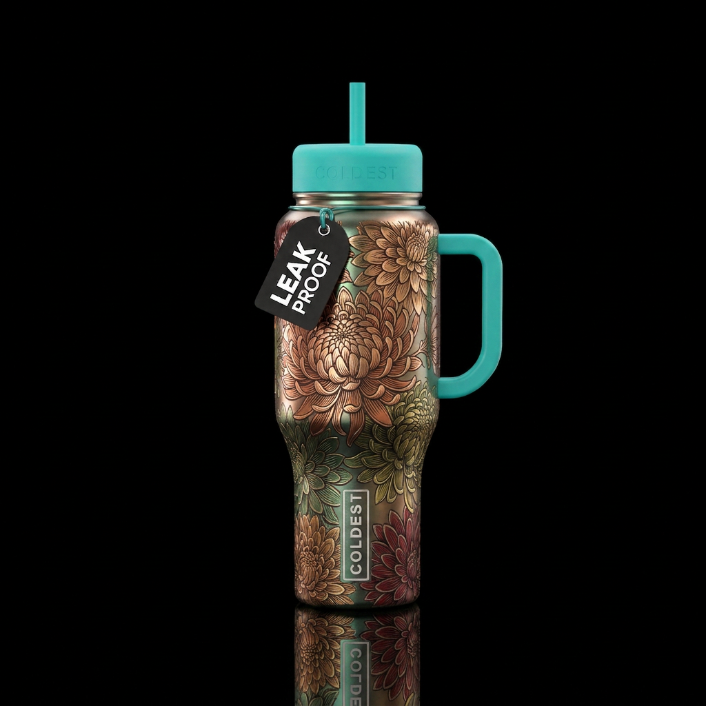 Metallic etched mums water bottle design