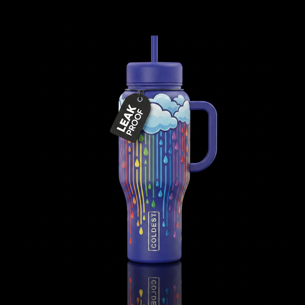 rainbow colors coming down from the clouds like ra... water bottle design