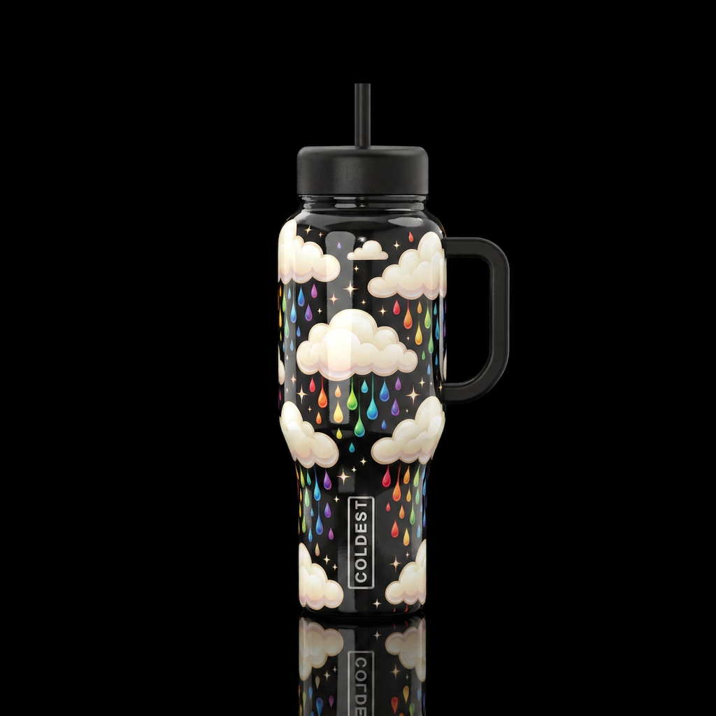 rainbow colors coming down from the clouds like ra... water bottle design