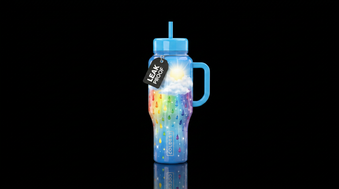 rainbow colors coming down from the clouds and sun... water bottle design