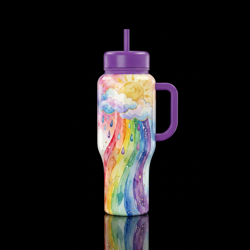 rainbow colors coming down from the clouds and sun... water bottle design