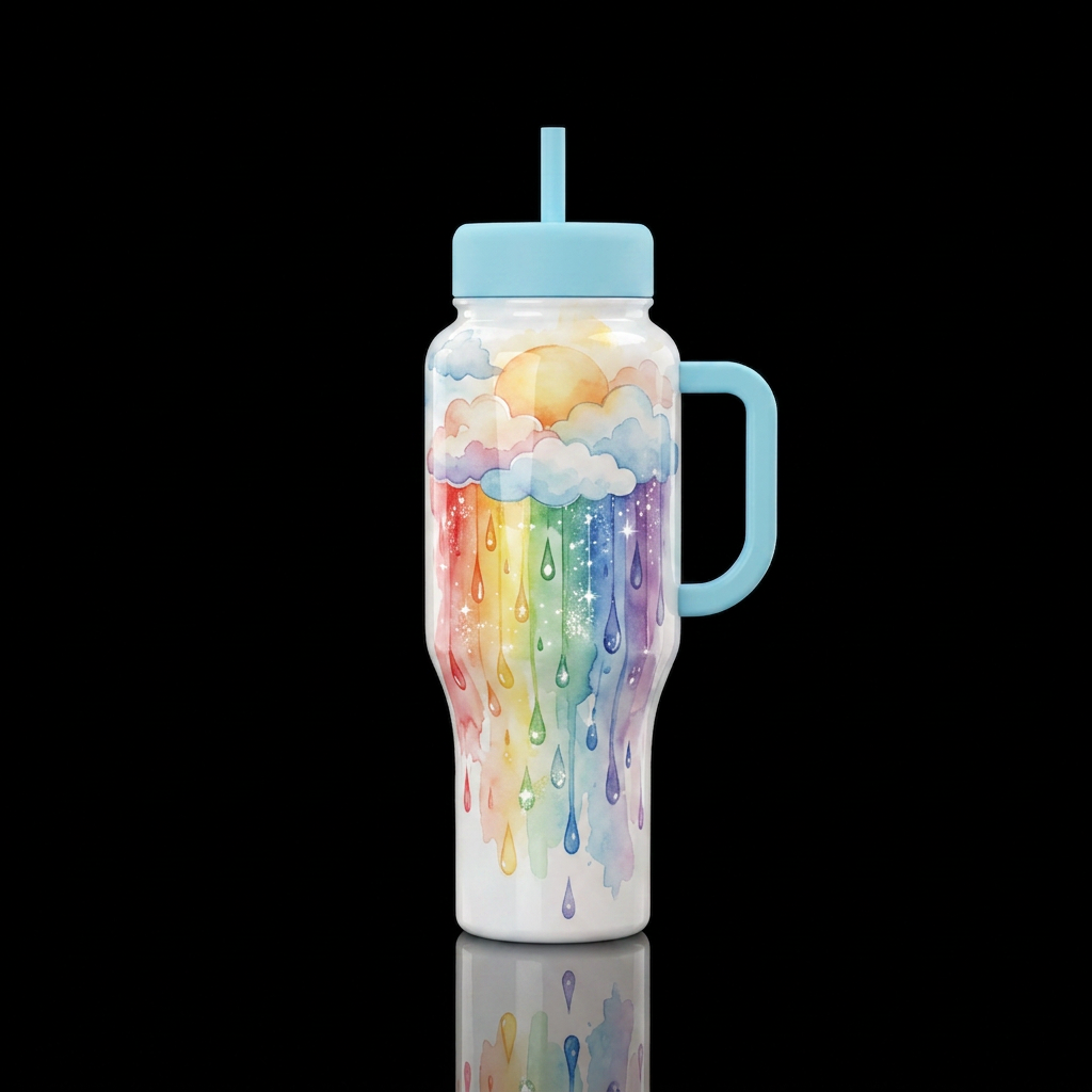 rainbow colors coming down from the clouds and sun... water bottle design