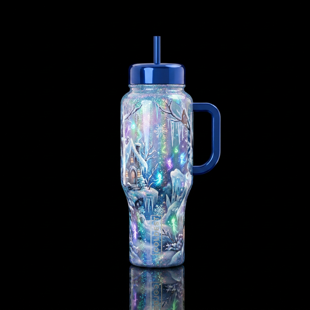 faeriecore winter with highlights of sparkle gloss... water bottle design