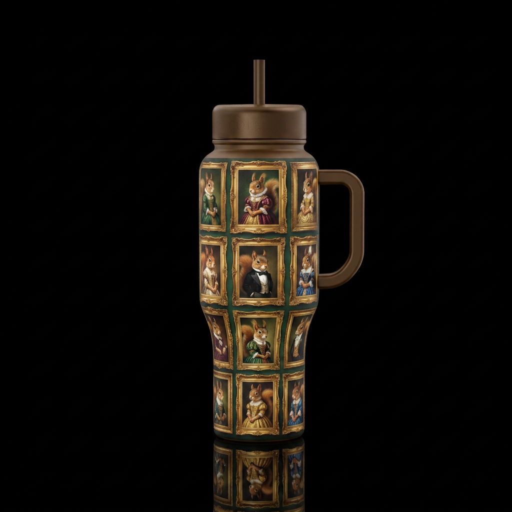 Squirrels in fancy dress in frames like an art gal... water bottle design