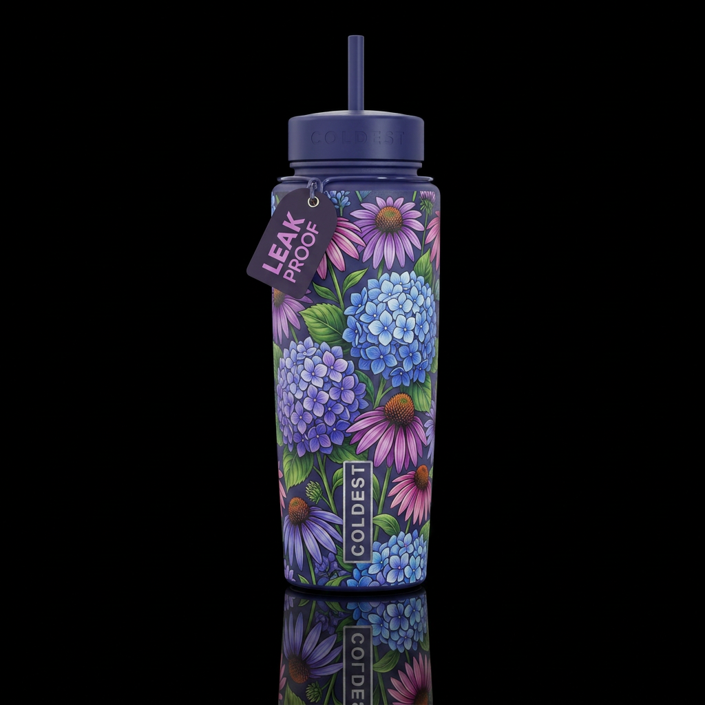 Hydrangea and echinacea flowers water bottle design