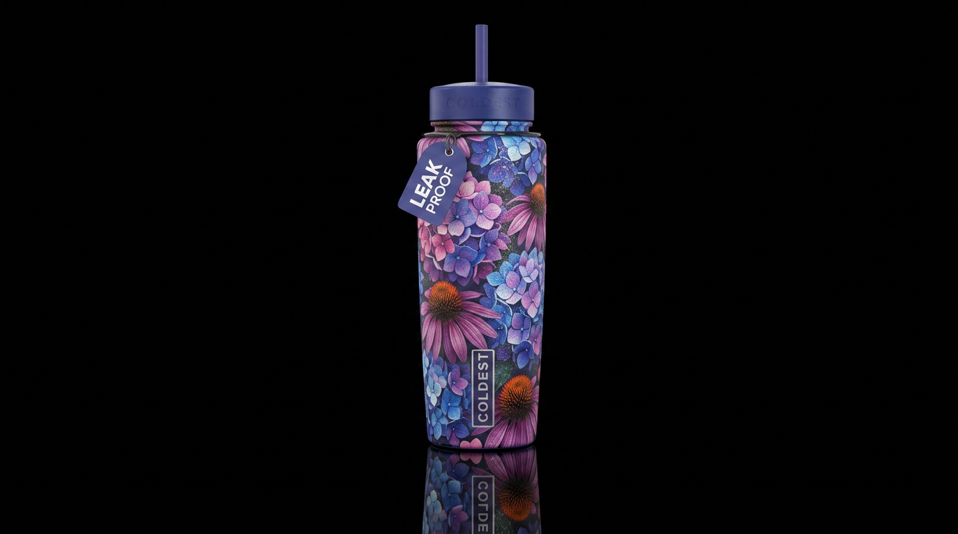 Hydrangea and echinacea flowers matte textured wit... water bottle design