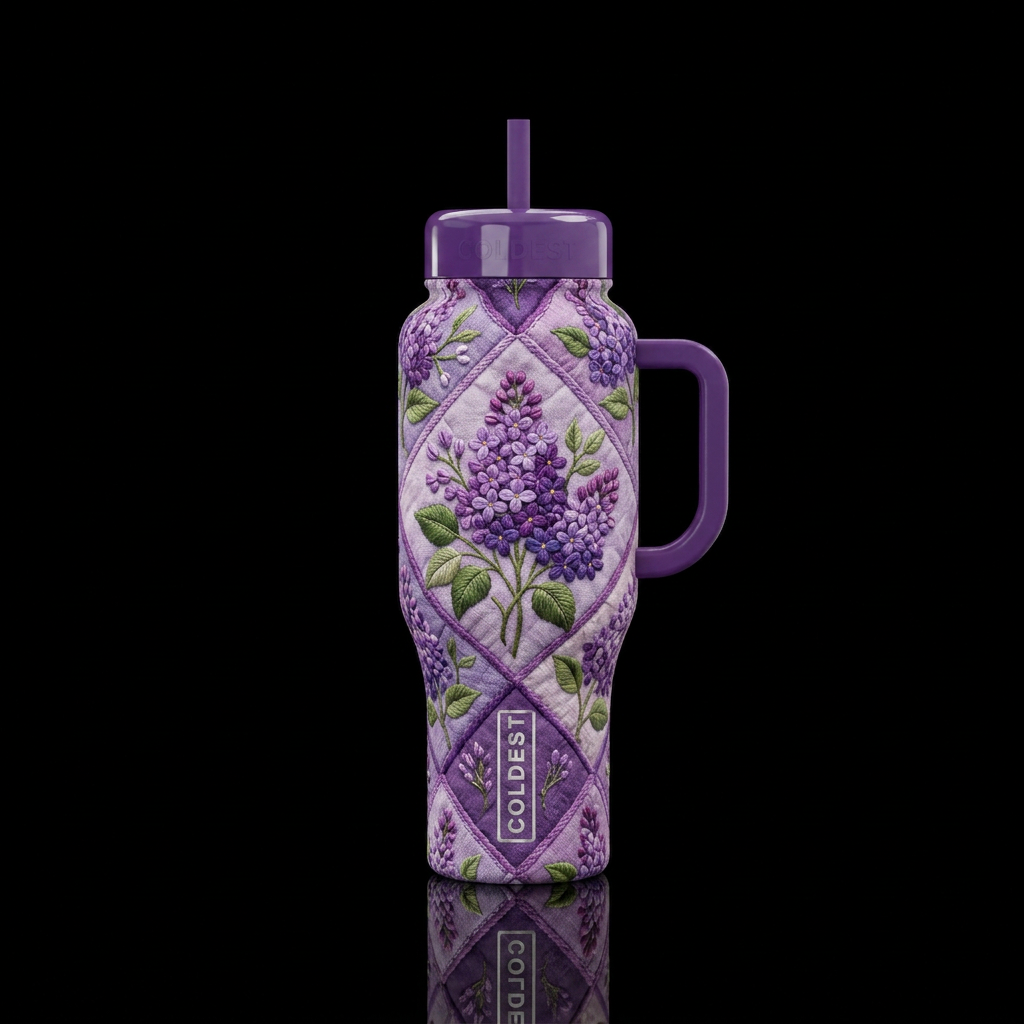 Embroidered lilacs in a quilt pattern water bottle design