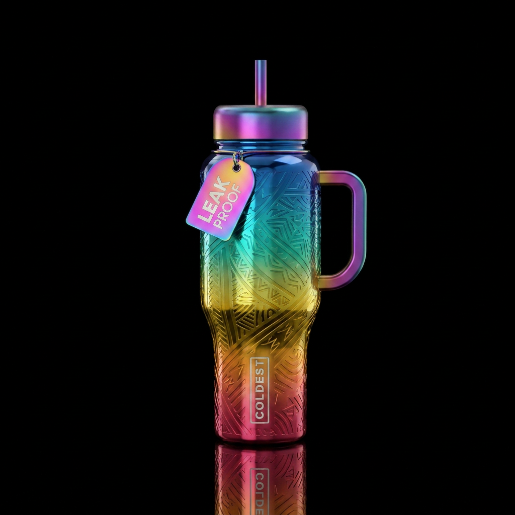 Rainbow metallic etched ombre glossy water bottle design