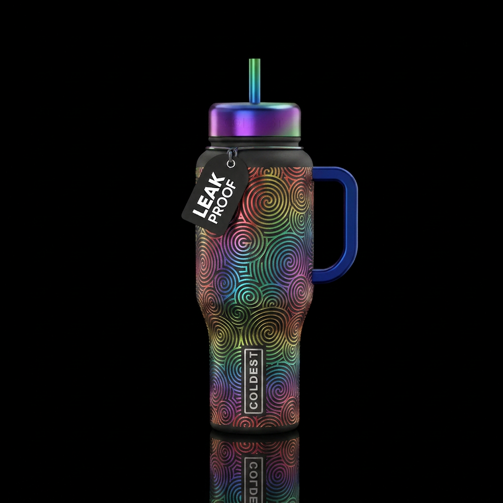 Metalic etched rainbow spirals water bottle design