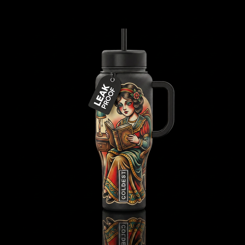 Old school tattoo style of girl reading water bottle design