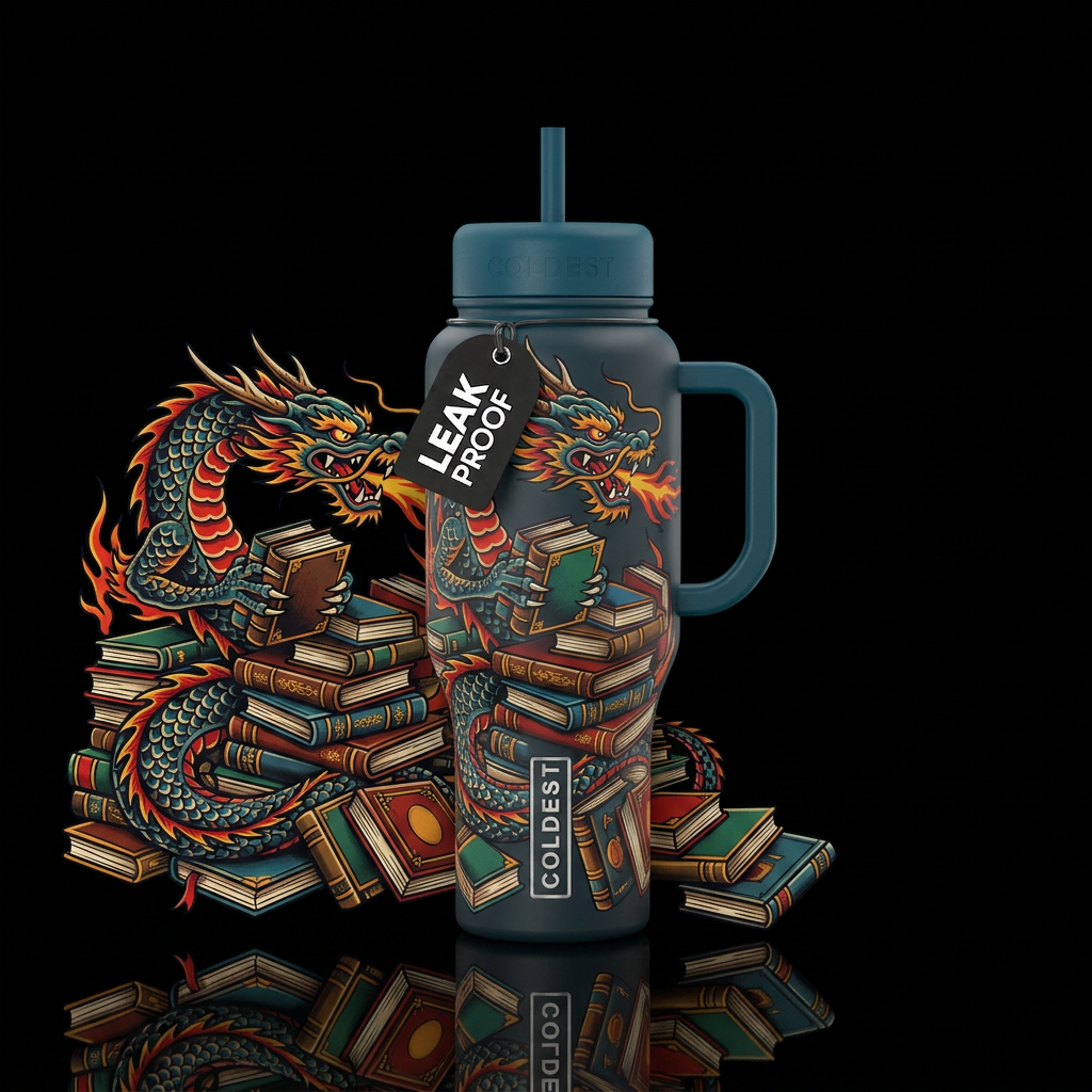 Old school tattoo style dragon hoarding books water bottle design