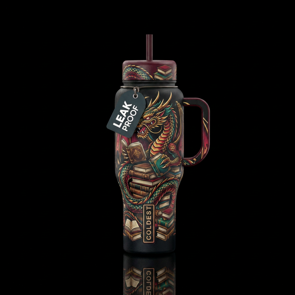 tattoo style dragon hoarding books water bottle design