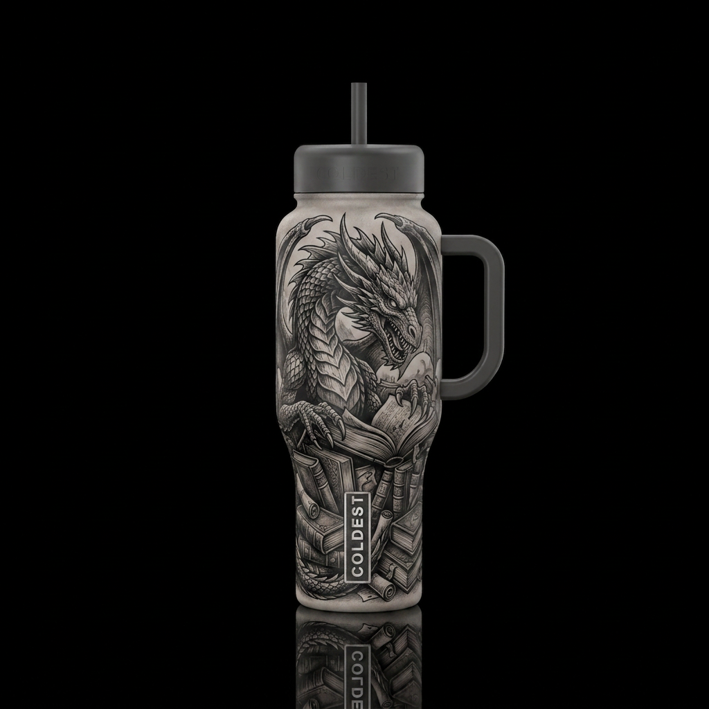 Black and graytattoo style dragon hoarding books water bottle design