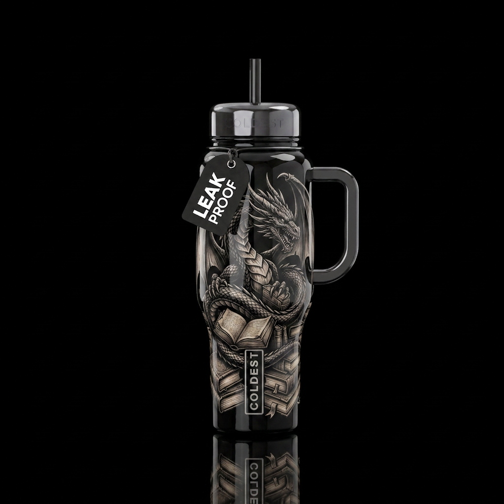 Black and graytattoo style dragon hoarding books g... water bottle design