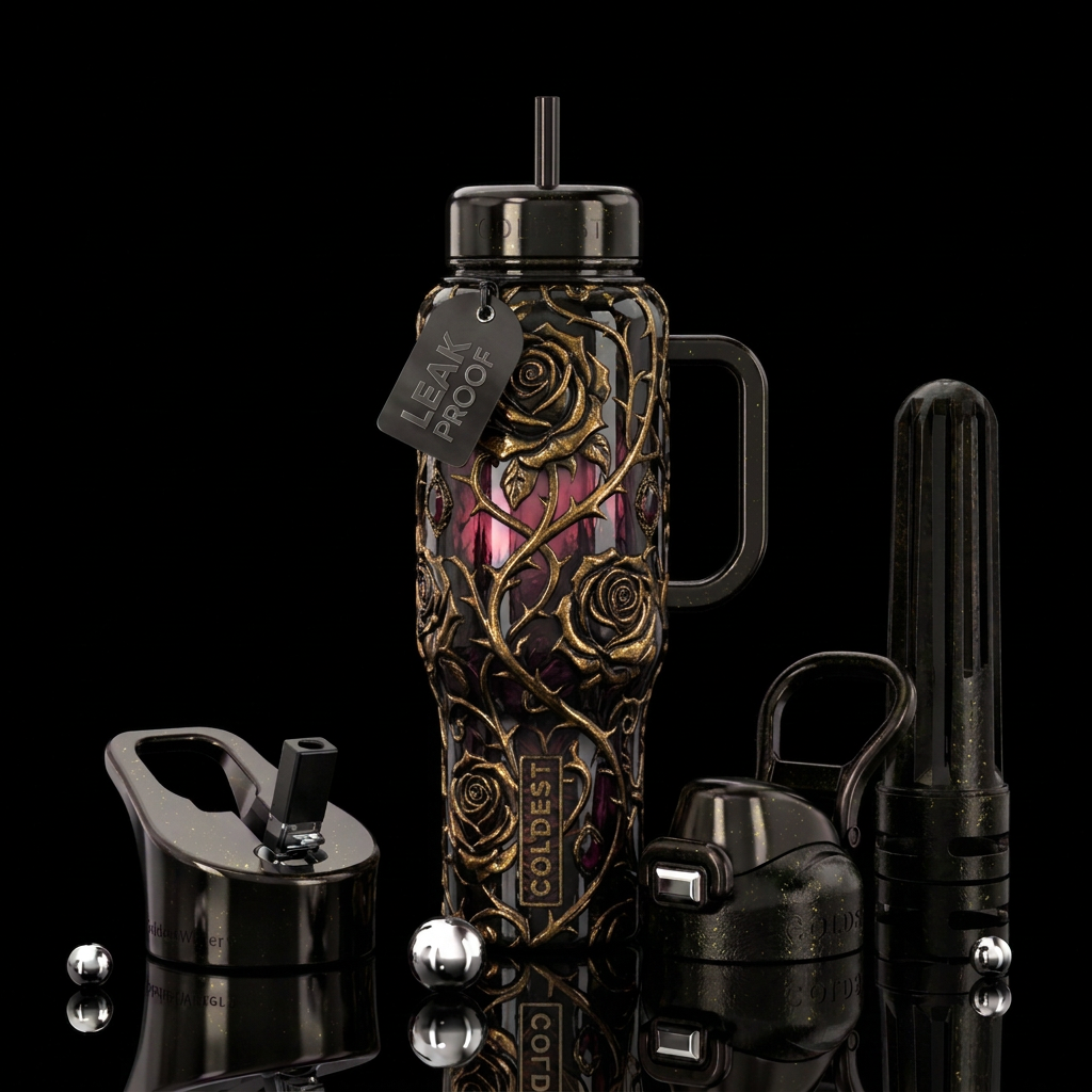 Dark romantasy glossy textured gold glittery highl... water bottle design