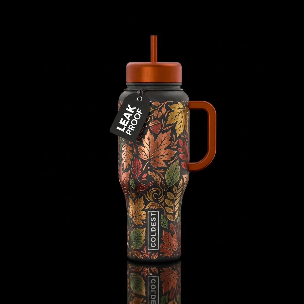 Metalic etched autumn colors water bottle design