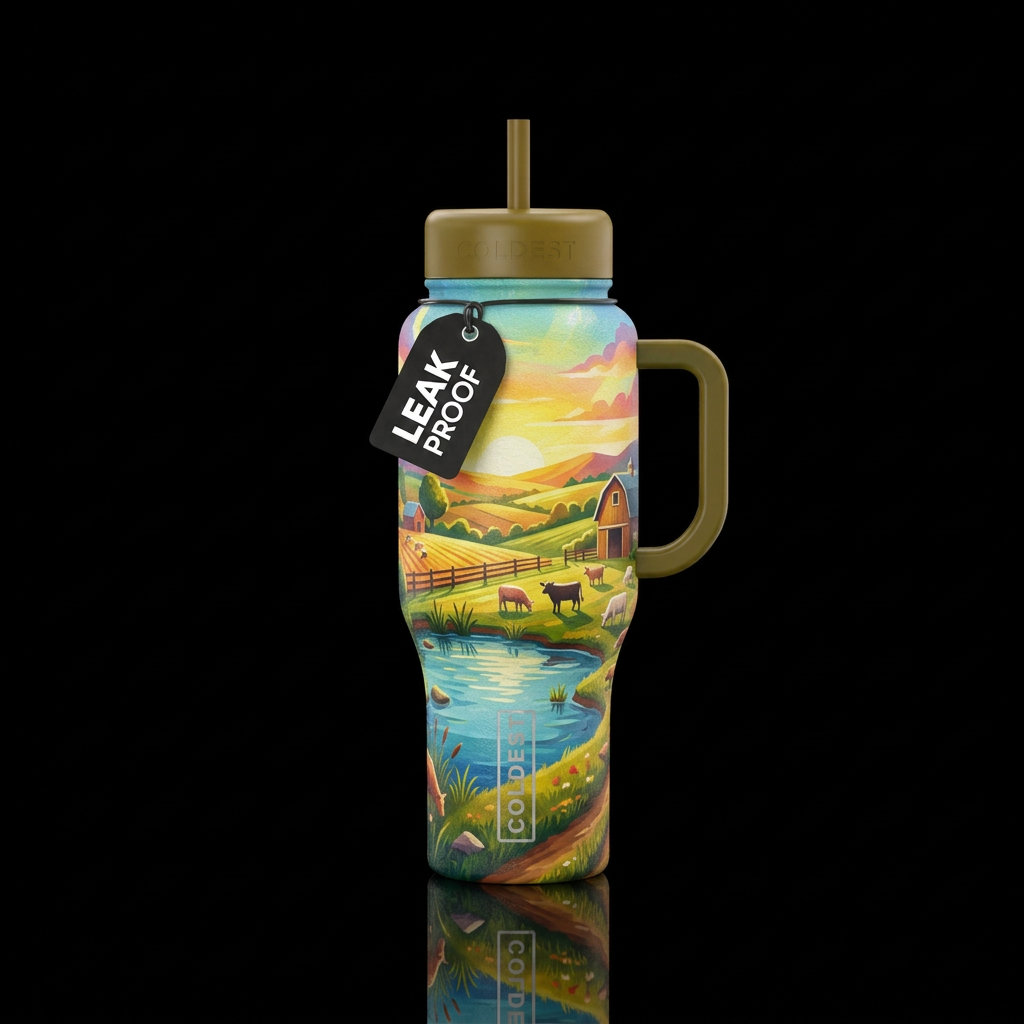 Farm scene with a pond in the foreground water bottle design