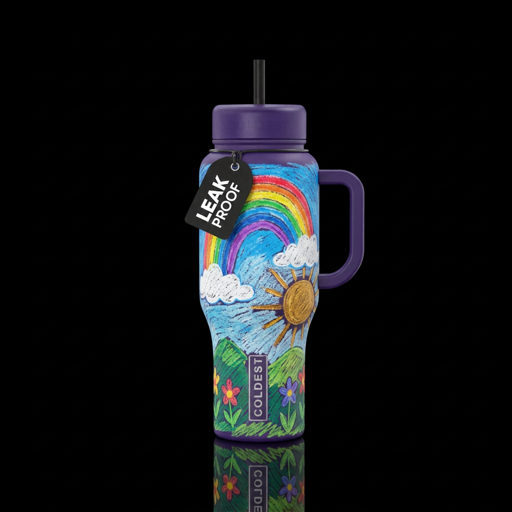 Summer day Rainbow hand drawn crayon water bottle design