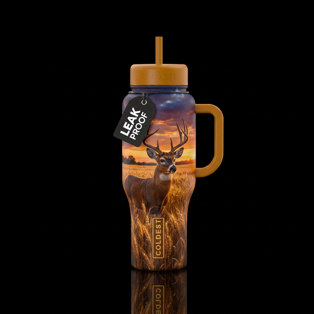 Deer in a wheat field at dusk water bottle design