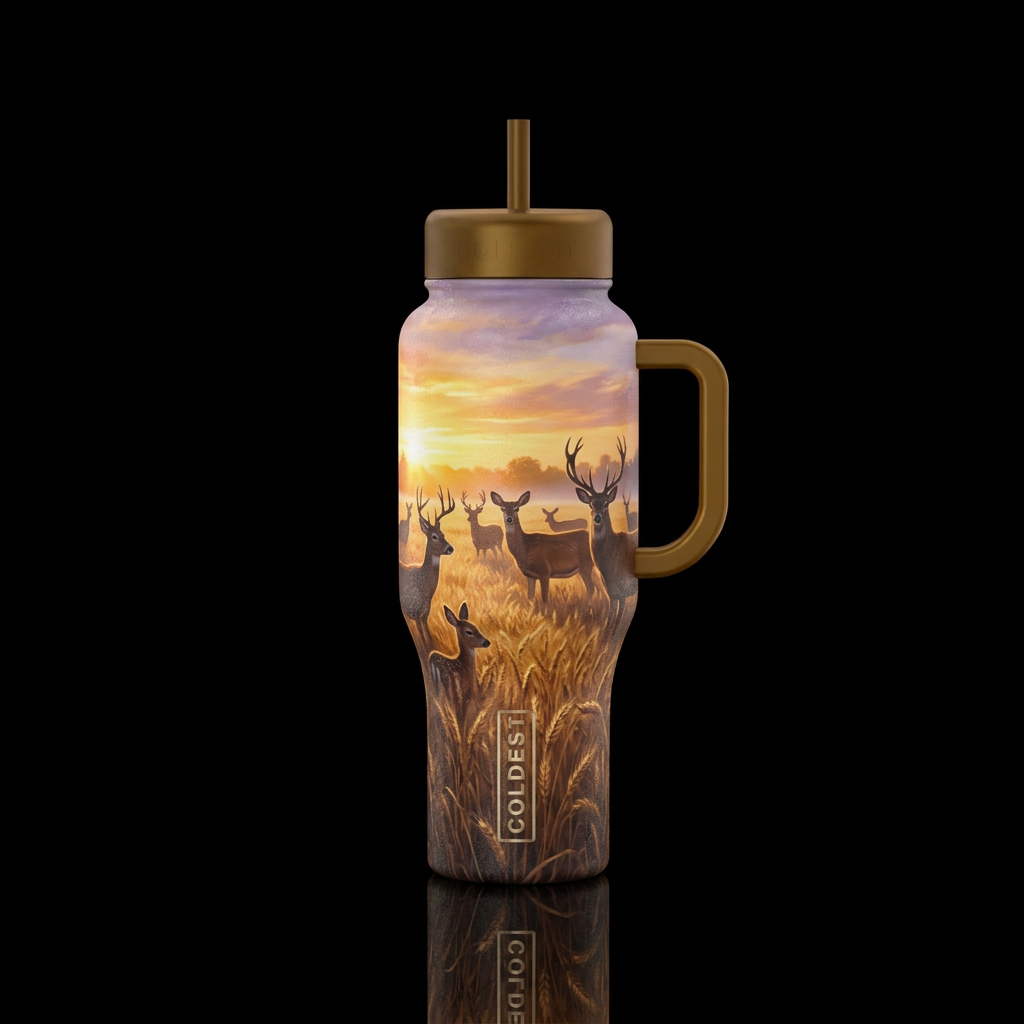 Herd of deer in a wheat field at sunrise water bottle design